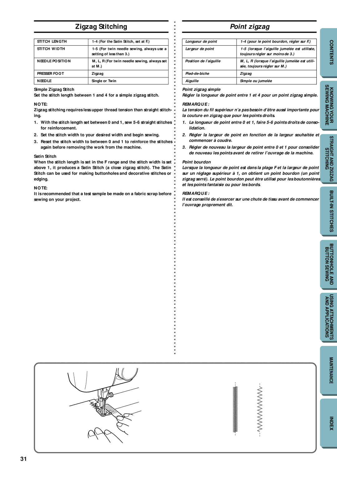 Brother LS-1717 instruction manual Zigzag Stitching, Point zigzag simple, Point bourdon 