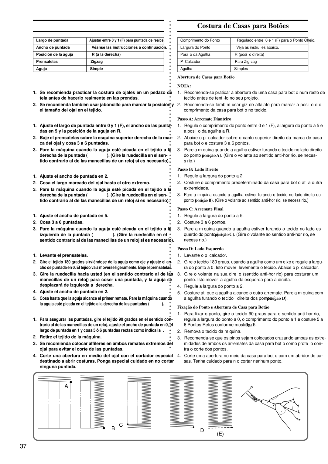 Brother LS-1717 instruction manual Para coser ojales, Costura de Casas para Botões 