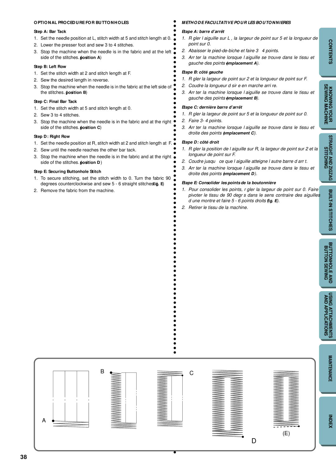 Brother LS-1717 instruction manual Etape a barre d’arrêt, Etape B côté gauche, Etape D côté droit 