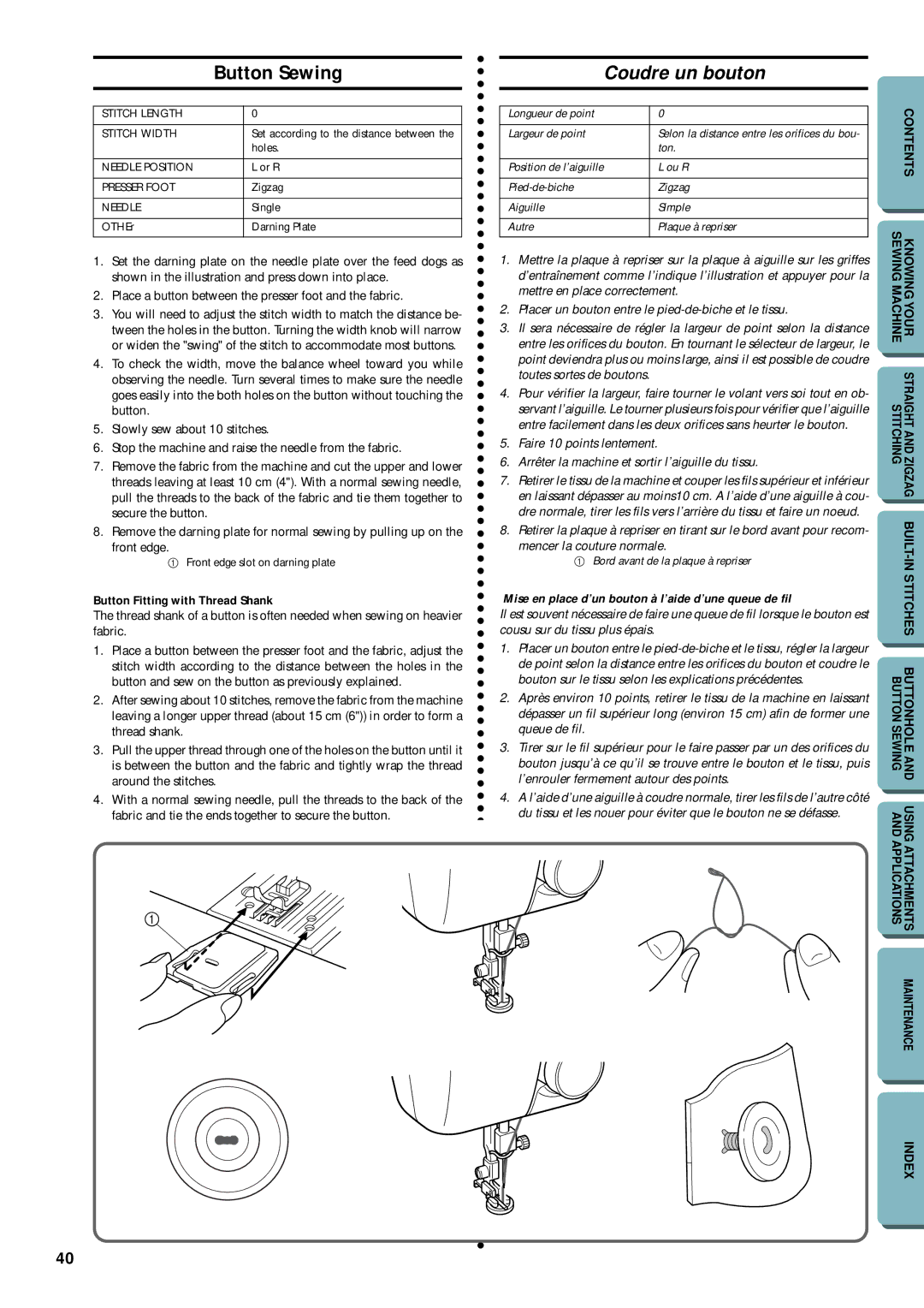 Brother LS-1717 instruction manual Button Sewing, Coudre un bouton, Button Fitting with Thread Shank 