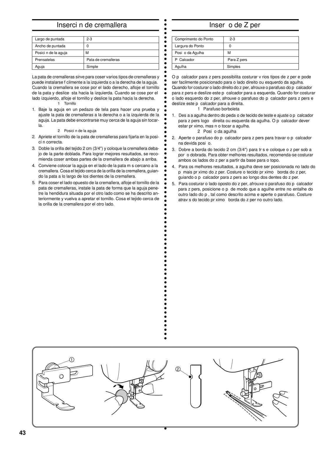 Brother LS-1717 instruction manual Inserción de cremallera, Inserção de Zíper 