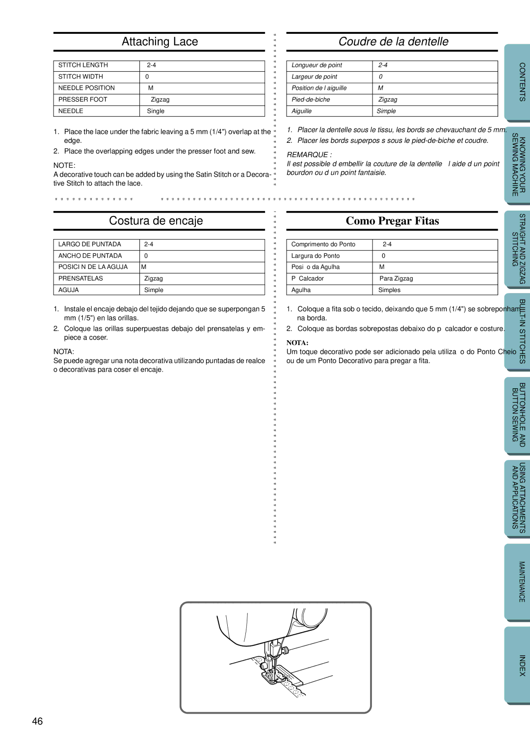 Brother LS-1717 instruction manual Attaching Lace, Coudre de la dentelle, Costura de encaje, Como Pregar Fitas 