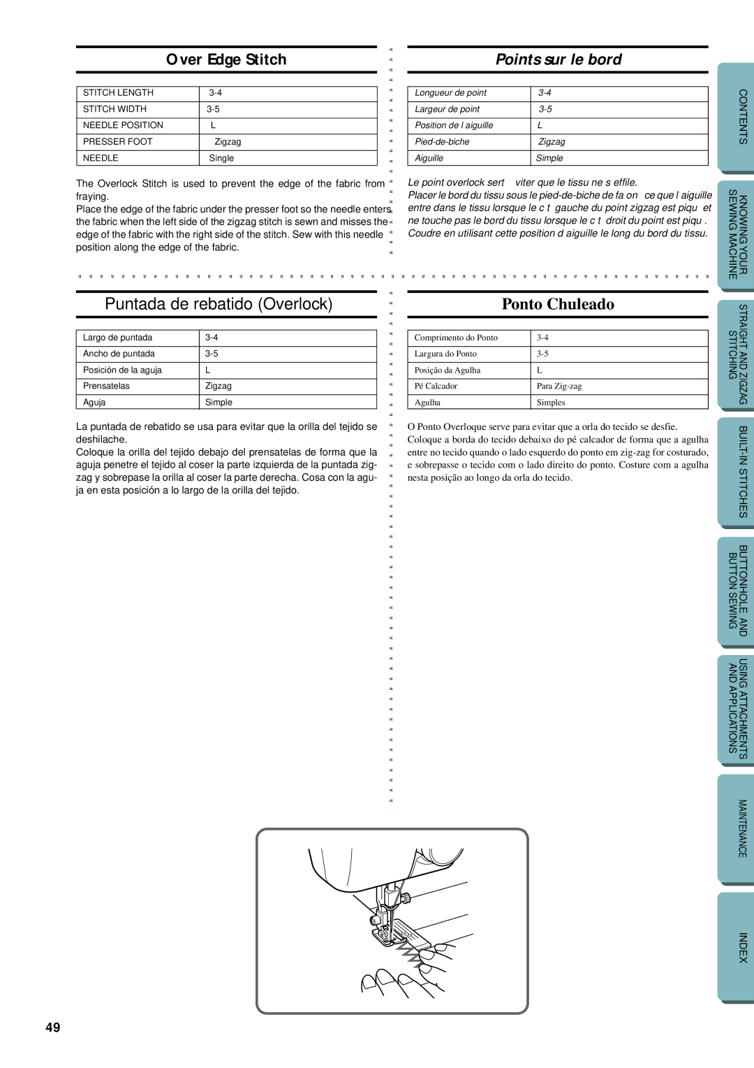 Brother LS-1717 instruction manual Over Edge Stitch, Points sur le bord, Puntada de rebatido Overlock, Ponto Chuleado 