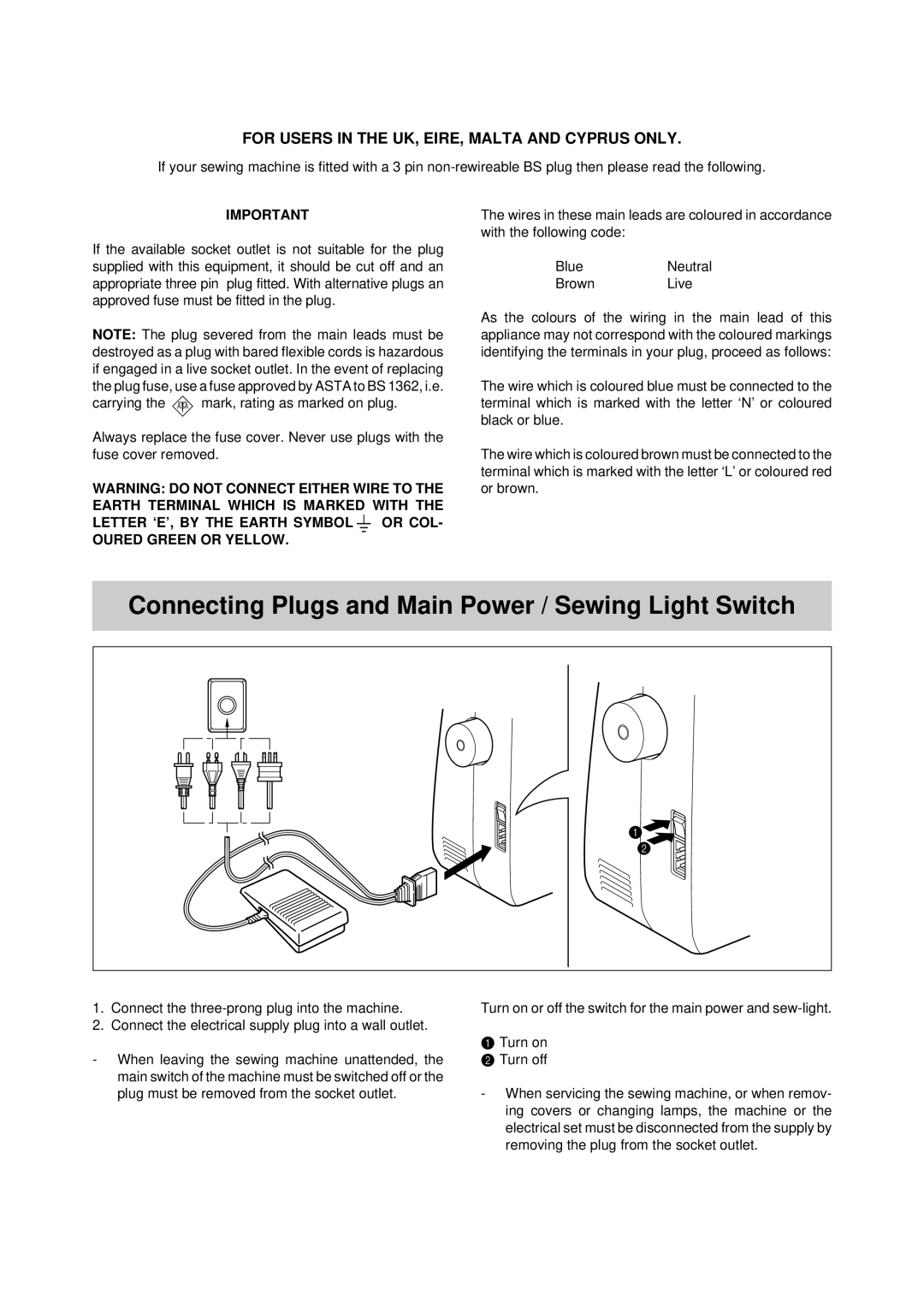 Brother LS-1717 instruction manual Connecting Plugs and Main Power / Sewing Light Switch 