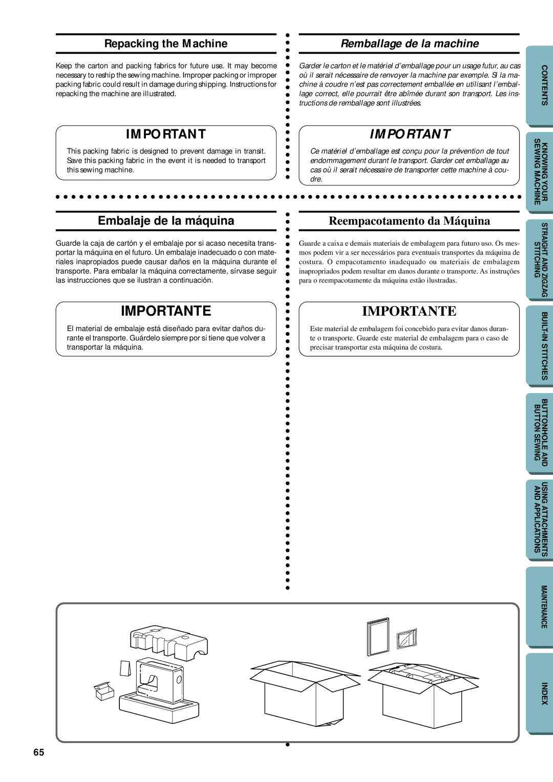 Brother LS-1717 instruction manual Importante, Repacking the Machine, Remballage de la machine, Embalaje de la máquina 
