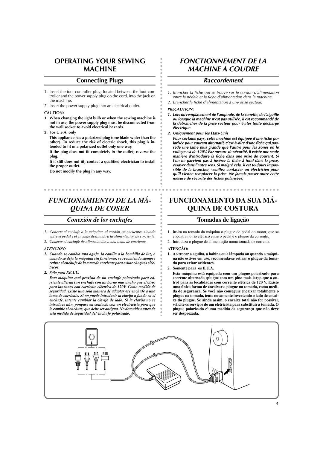 Brother LS 2125 Fonctionnement DE LA Machine a Coudre, Funcionamiento DE LA MÁ Quina DE Coser, Connecting Plugs 