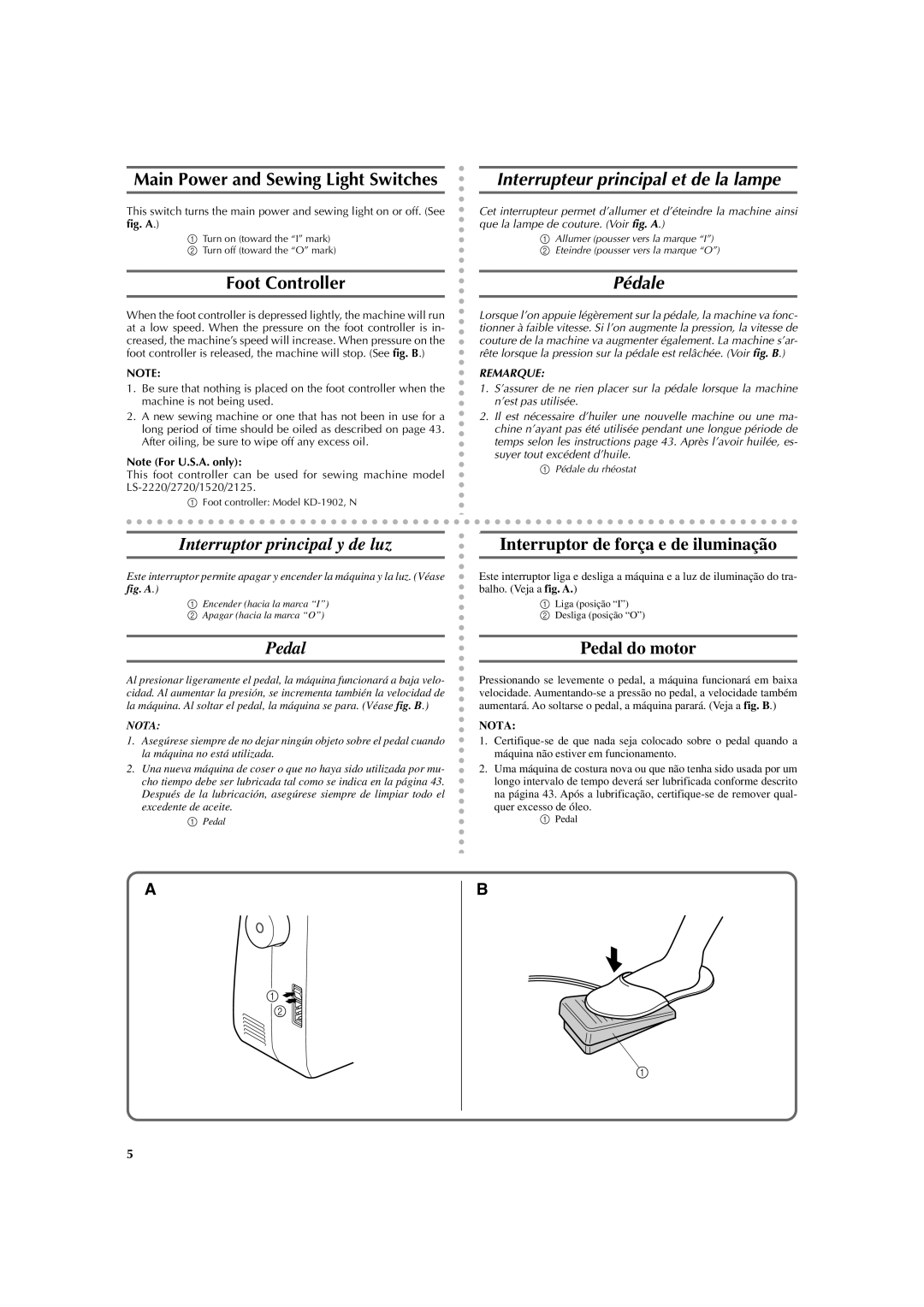 Brother LS 2125 Main Power and Sewing Light Switches, Foot Controller, Interrupteur principal et de la lampe, Pédale 