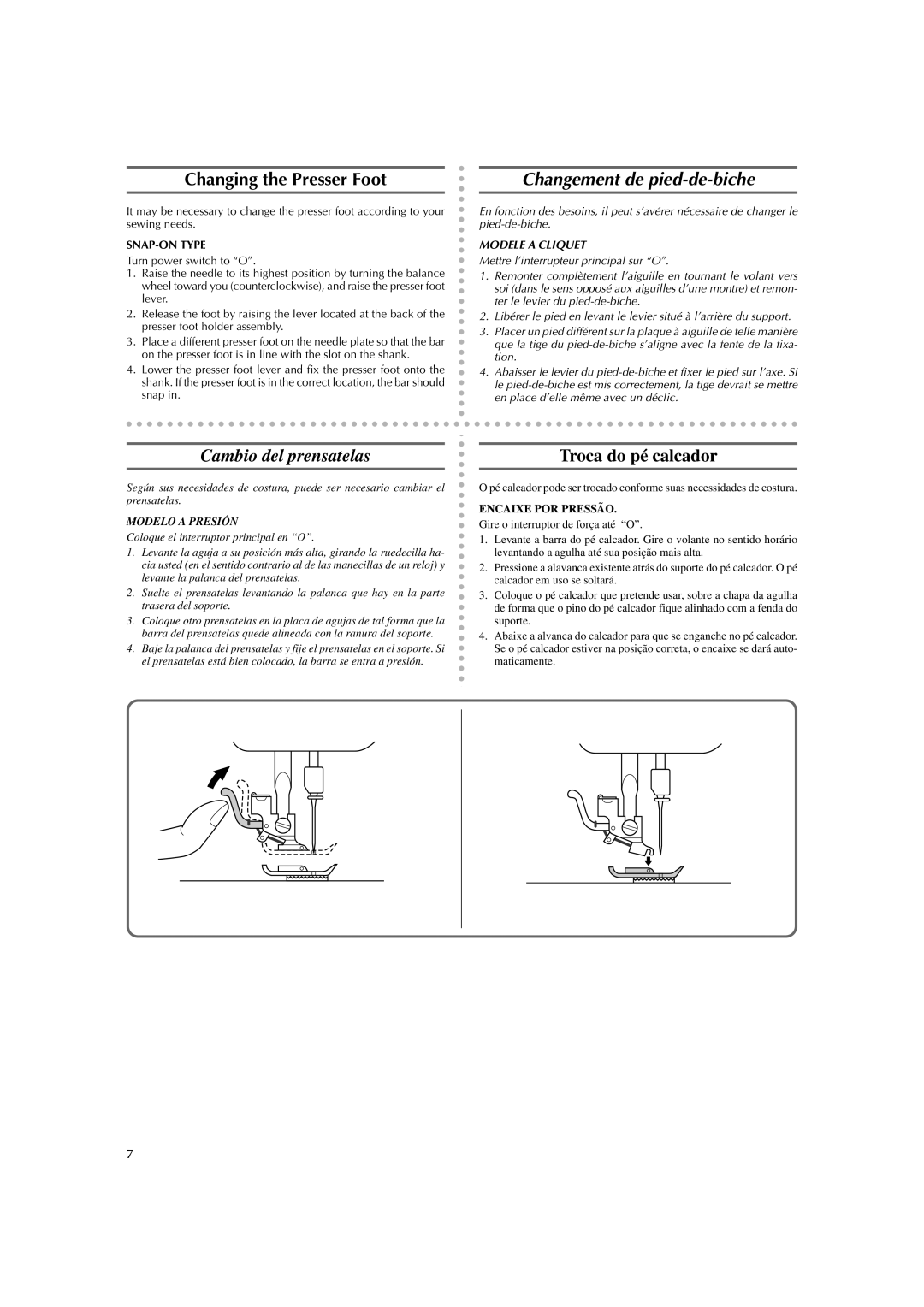 Brother LS 2125 Changing the Presser Foot, Changement de pied-de-biche, Cambio del prensatelas, Troca do pé calcador 