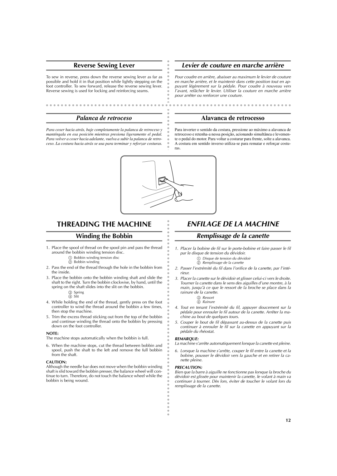 Brother LS 2125 Enfilage DE LA Machine, Reverse Sewing Lever, Levier de couture en marche arrière, Winding the Bobbin 