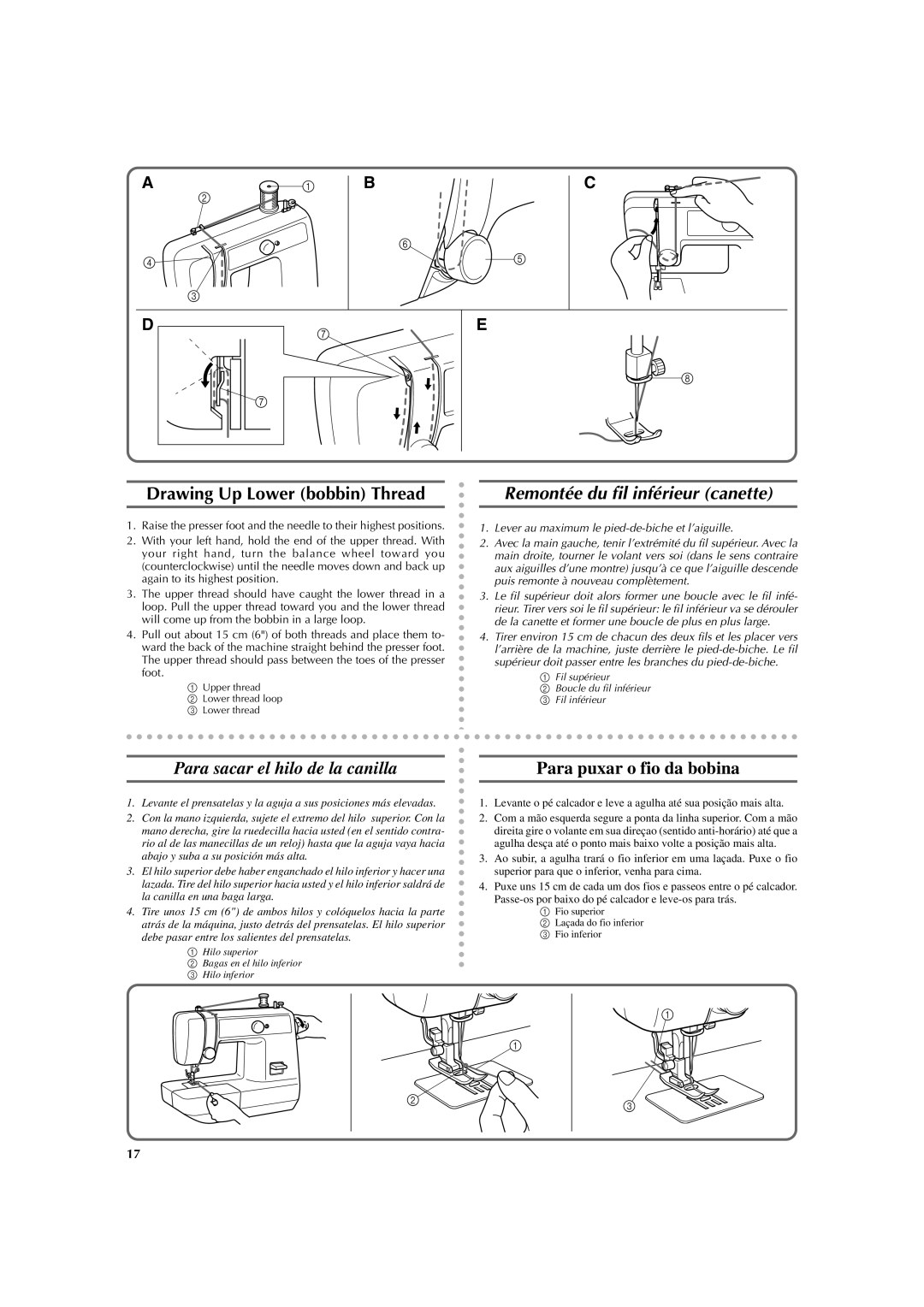 Brother LS 2125 Drawing Up Lower bobbin Thread, Remontée du fil inférieur canette, Para sacar el hilo de la canilla 