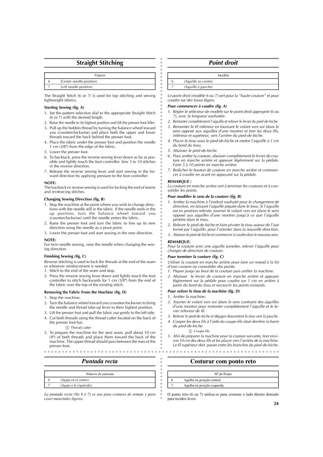 Brother LS 2125 instruction manual Straight Stitching, Point droit, Puntada recta Costurar com ponto reto 