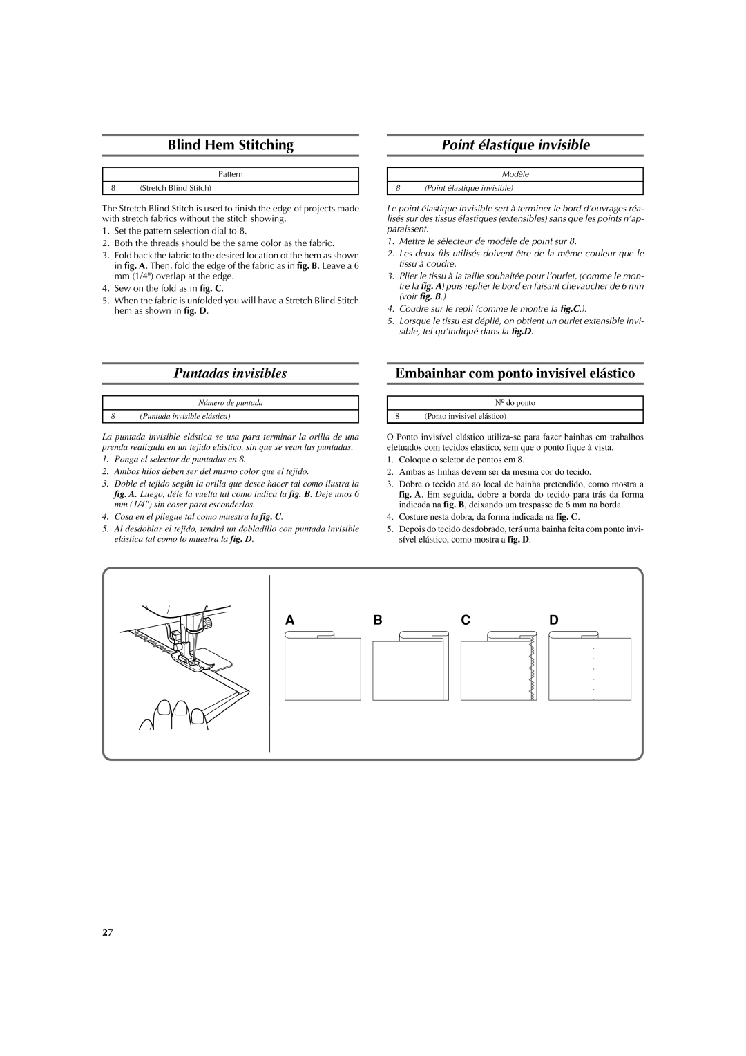 Brother LS 2125 instruction manual Blind Hem Stitching, Point élastique invisible, Puntadas invisibles 