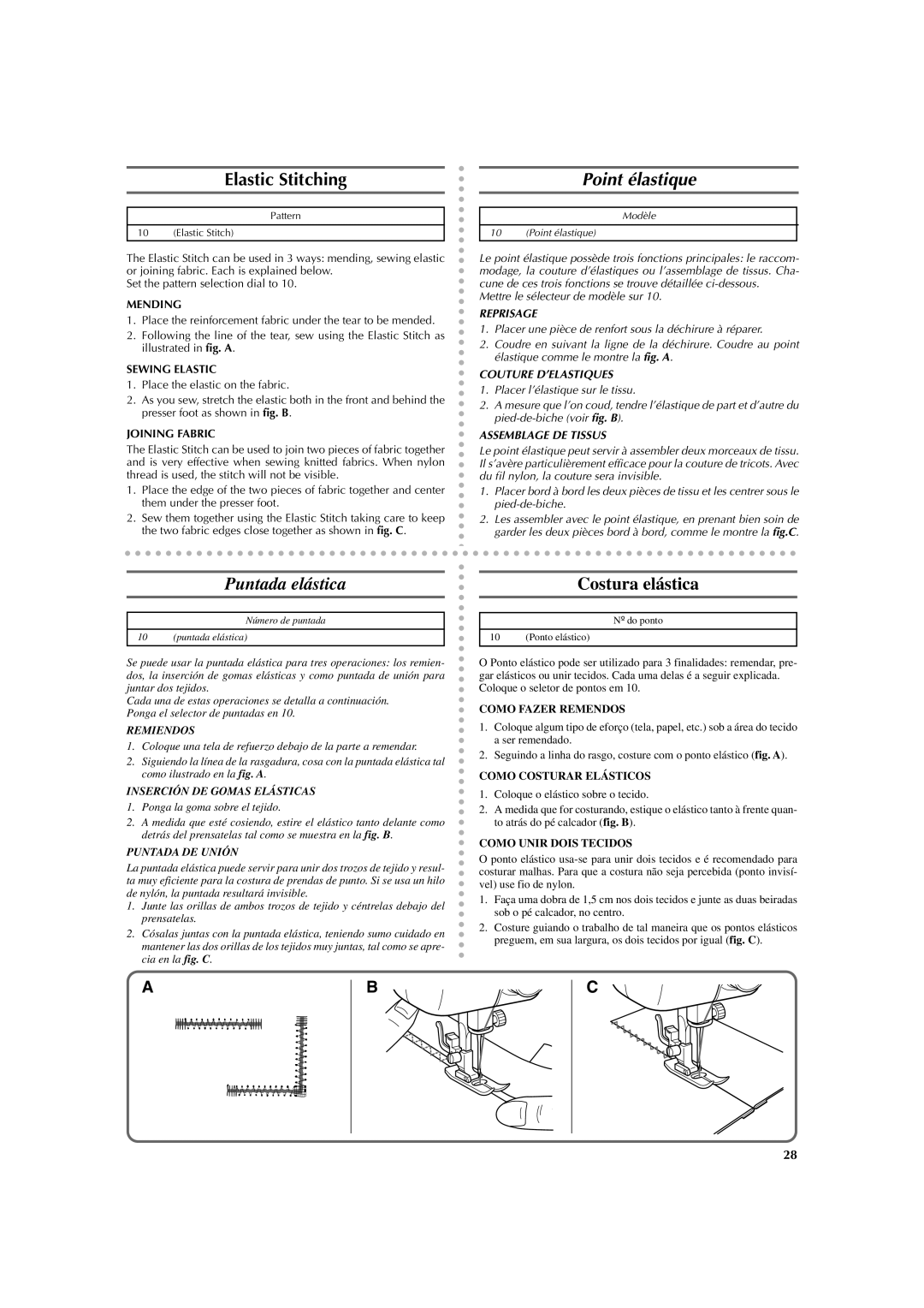 Brother LS 2125 instruction manual Elastic Stitching, Point élastique, Puntada elástica Costura elástica 