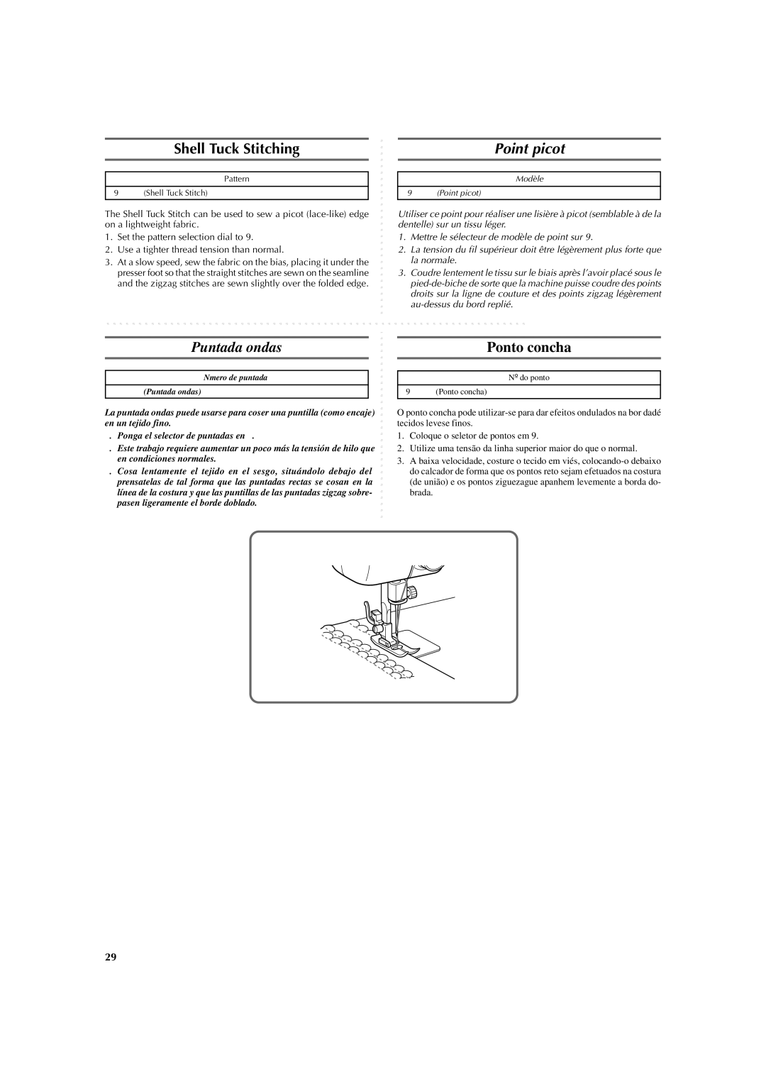 Brother LS 2125 instruction manual Shell Tuck Stitching, Point picot, Puntada ondas Ponto concha 