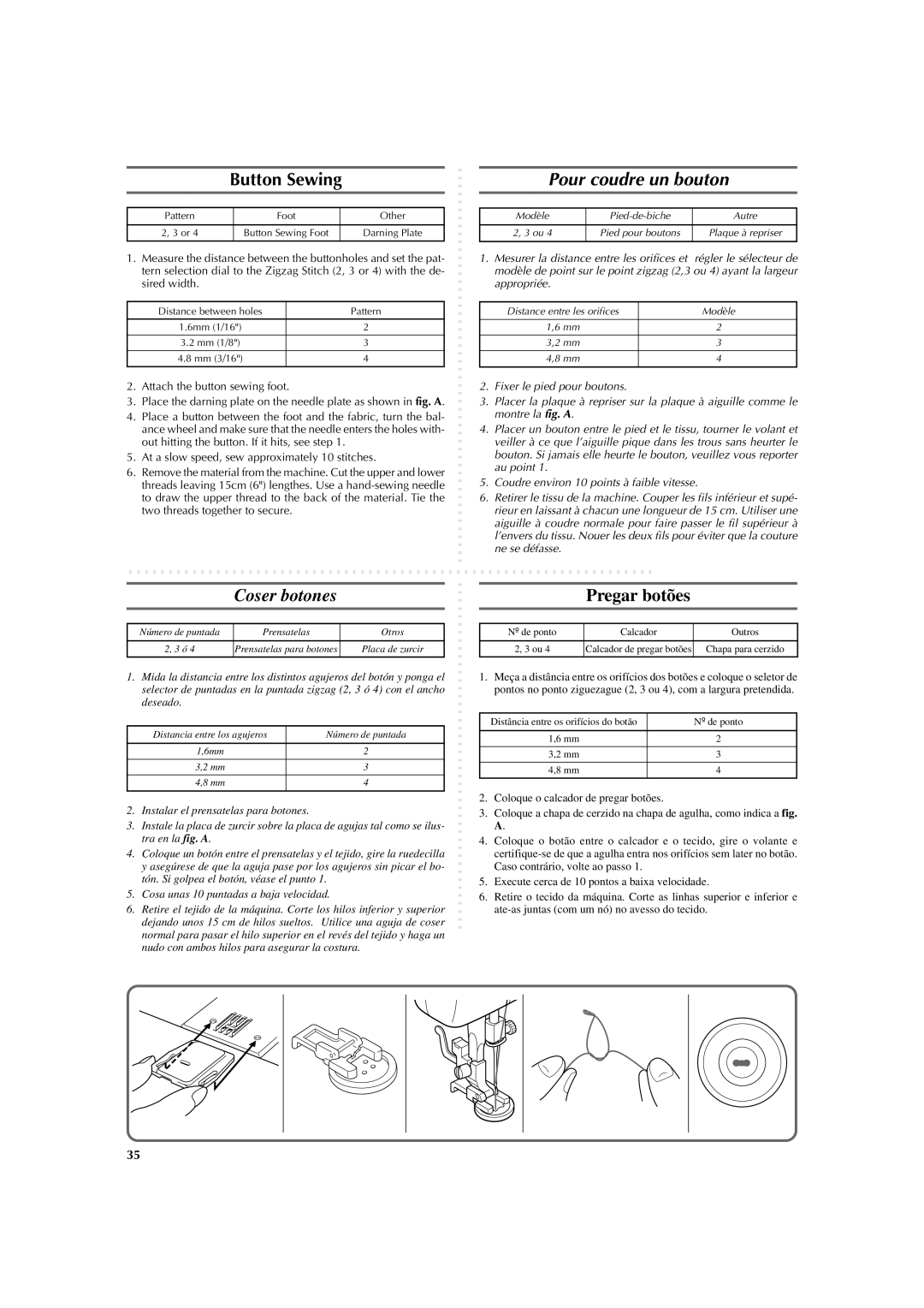 Brother LS 2125 instruction manual Button Sewing, Pour coudre un bouton, Coser botones, Pregar botões 