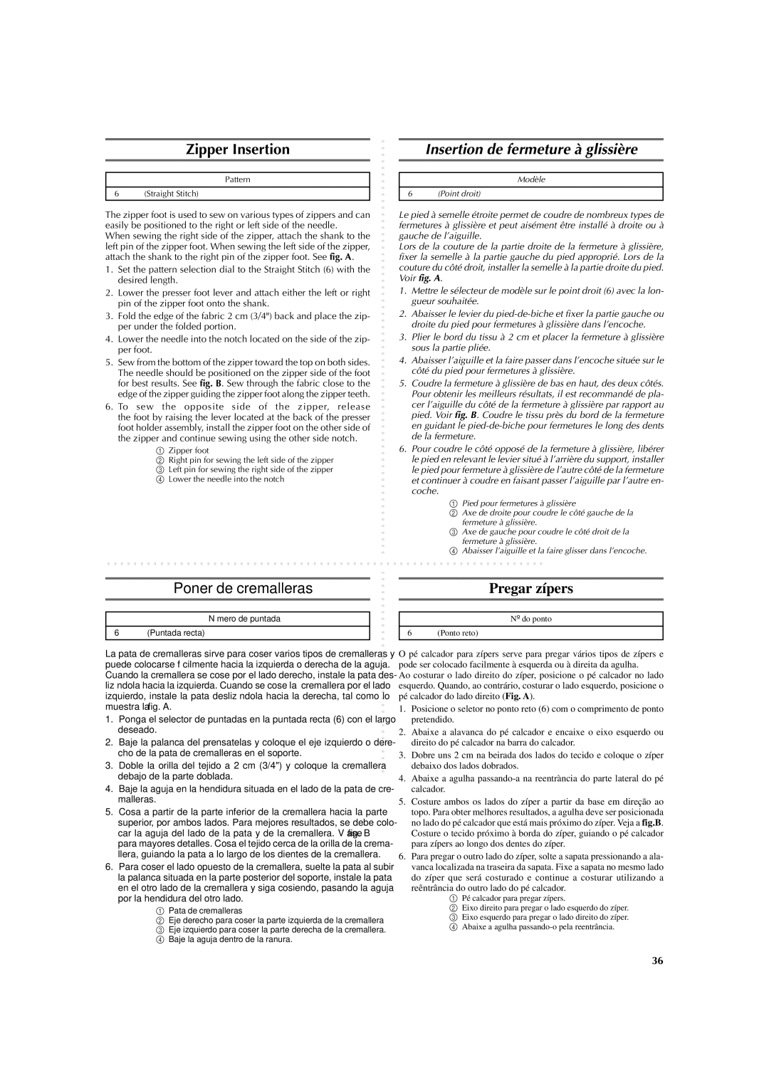 Brother LS 2125 instruction manual Zipper Insertion, Insertion de fermeture à glissière, Poner de cremalleras Pregar zípers 