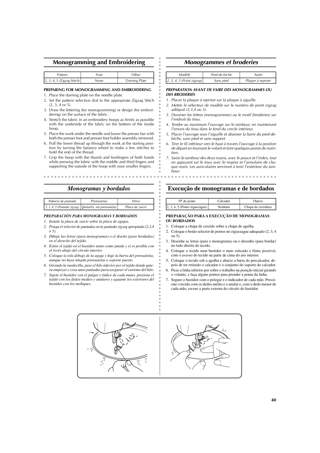 Brother LS 2125 instruction manual Monogramming and Embroidering, Monogrammes et broderies, Monogramas y bordados 