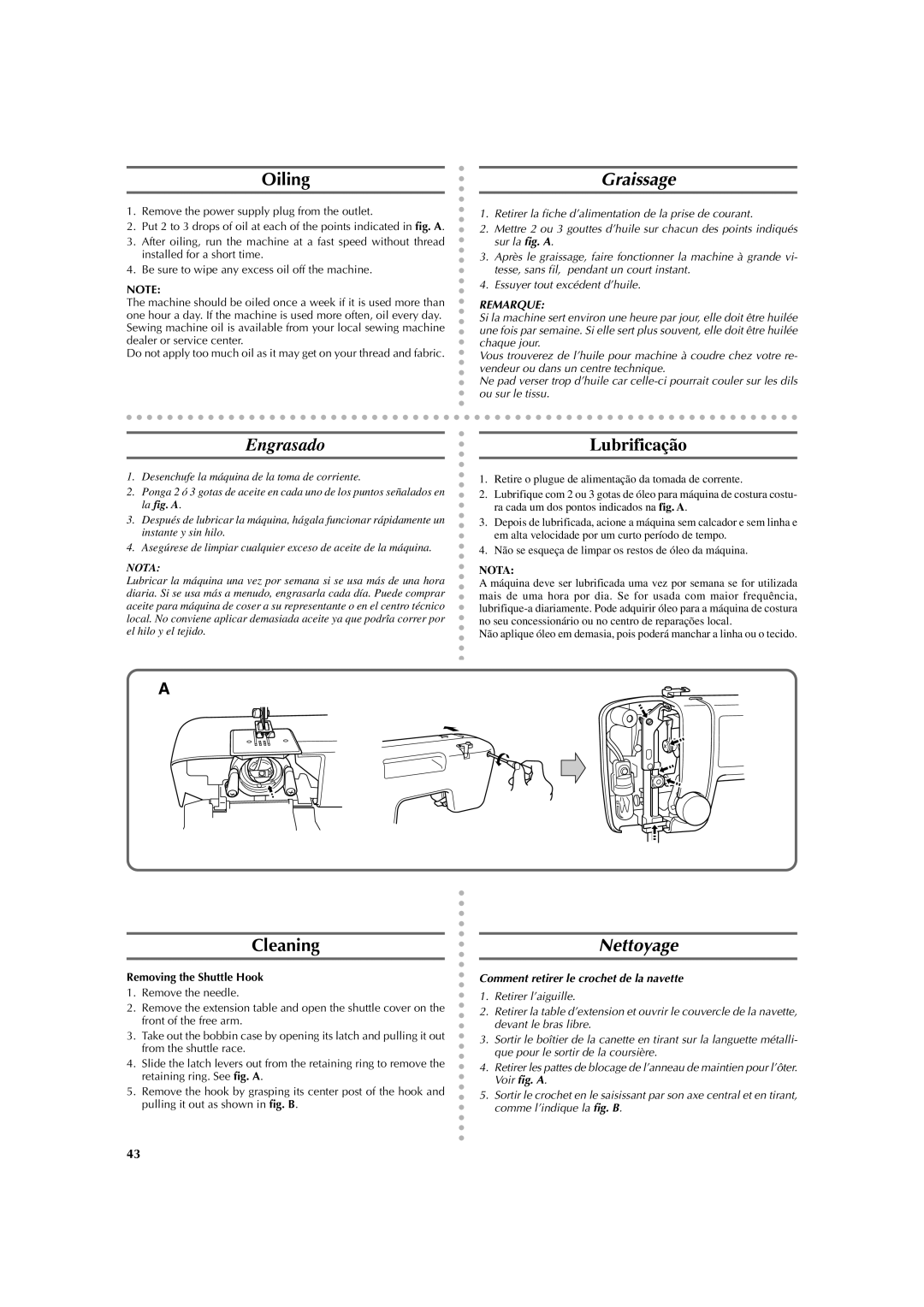 Brother LS 2125 instruction manual Oiling, Graissage, Engrasado, Cleaning, Nettoyage 