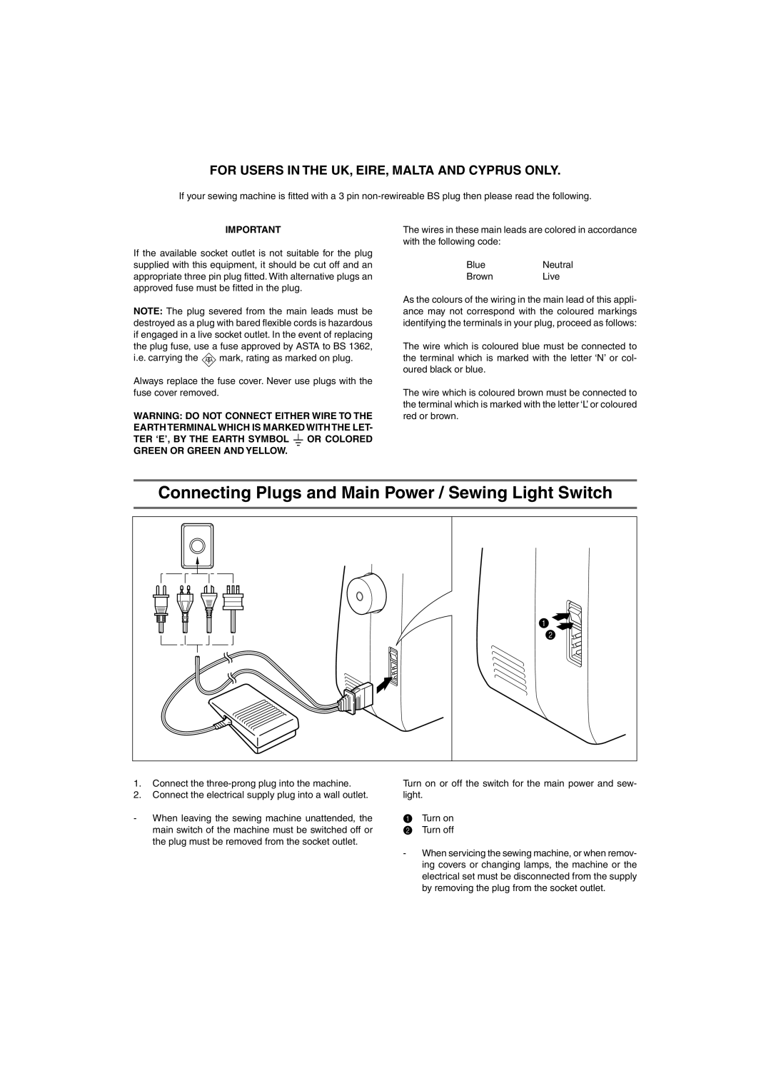 Brother LS 2125 instruction manual Connecting Plugs and Main Power / Sewing Light Switch 