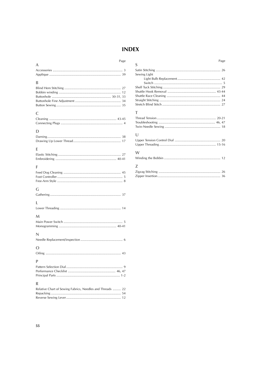 Brother LS 2125 instruction manual Index 