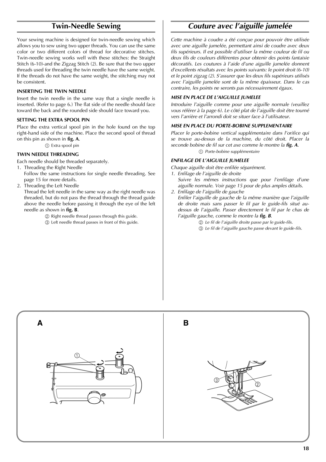 Brother LS-2220 Couture avec l’aiguille jumelée, Mise EN Place DE L’AIGUILLE Jumelee, Enfilage DE L’AIGUILLE Jumelee 
