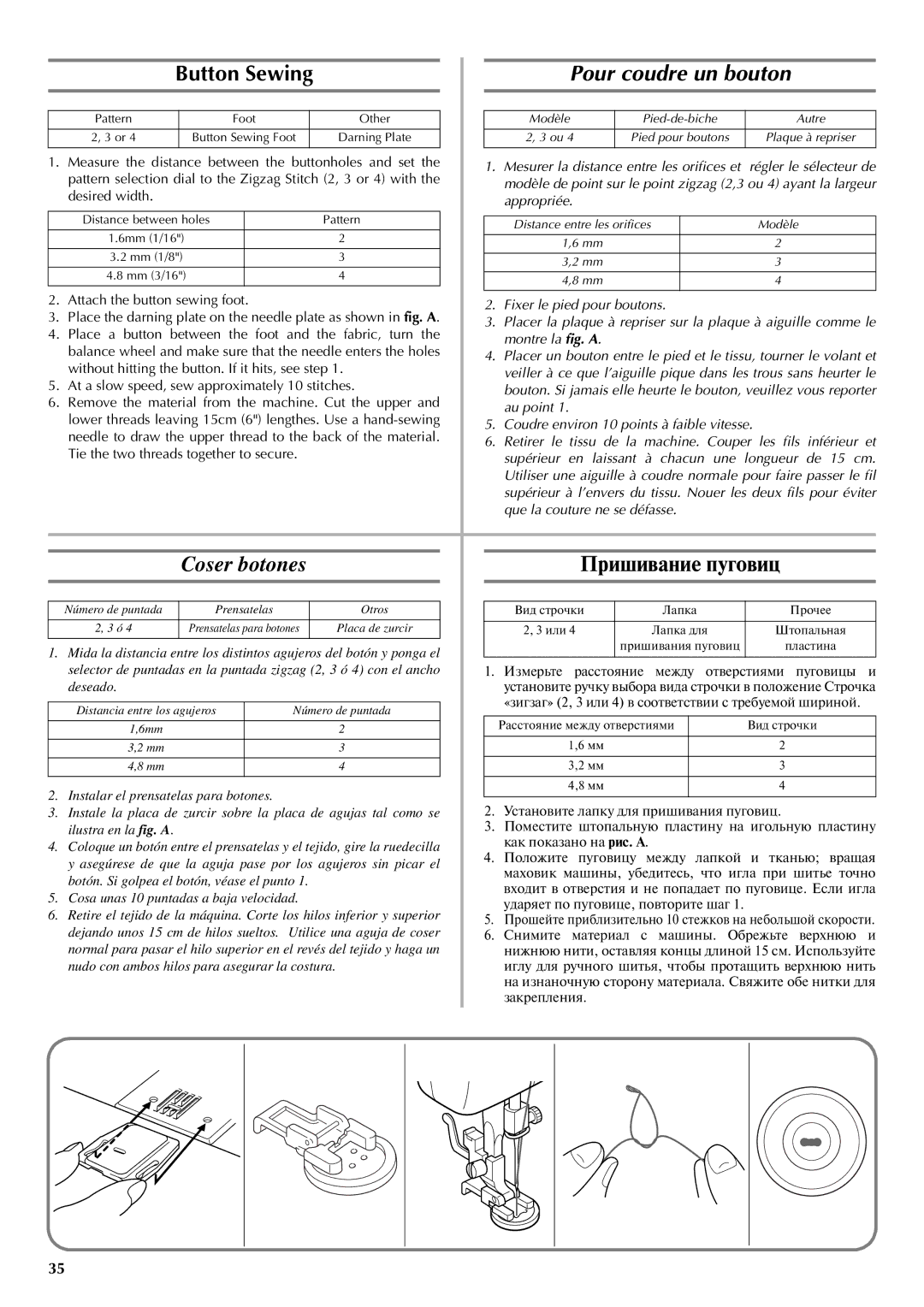 Brother LS-2720, LS-2220 instruction manual Coser botones, Pour coudre un bouton, Пришивание пуговиц 