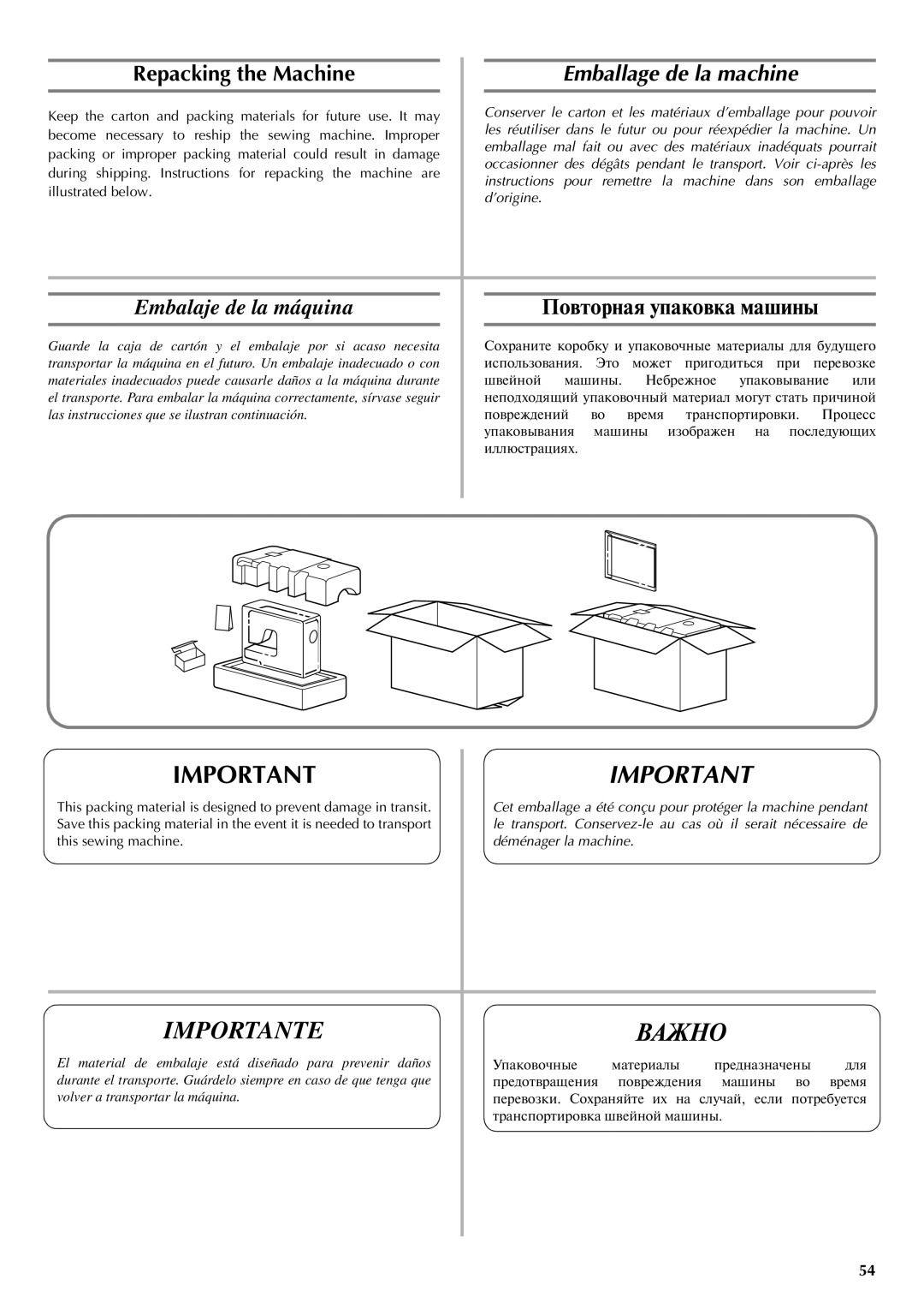 Brother LS-2220, LS-2720 Importante Важно, Emballage de la machine, Embalaje de la máquina, Повторная упаковка машины 