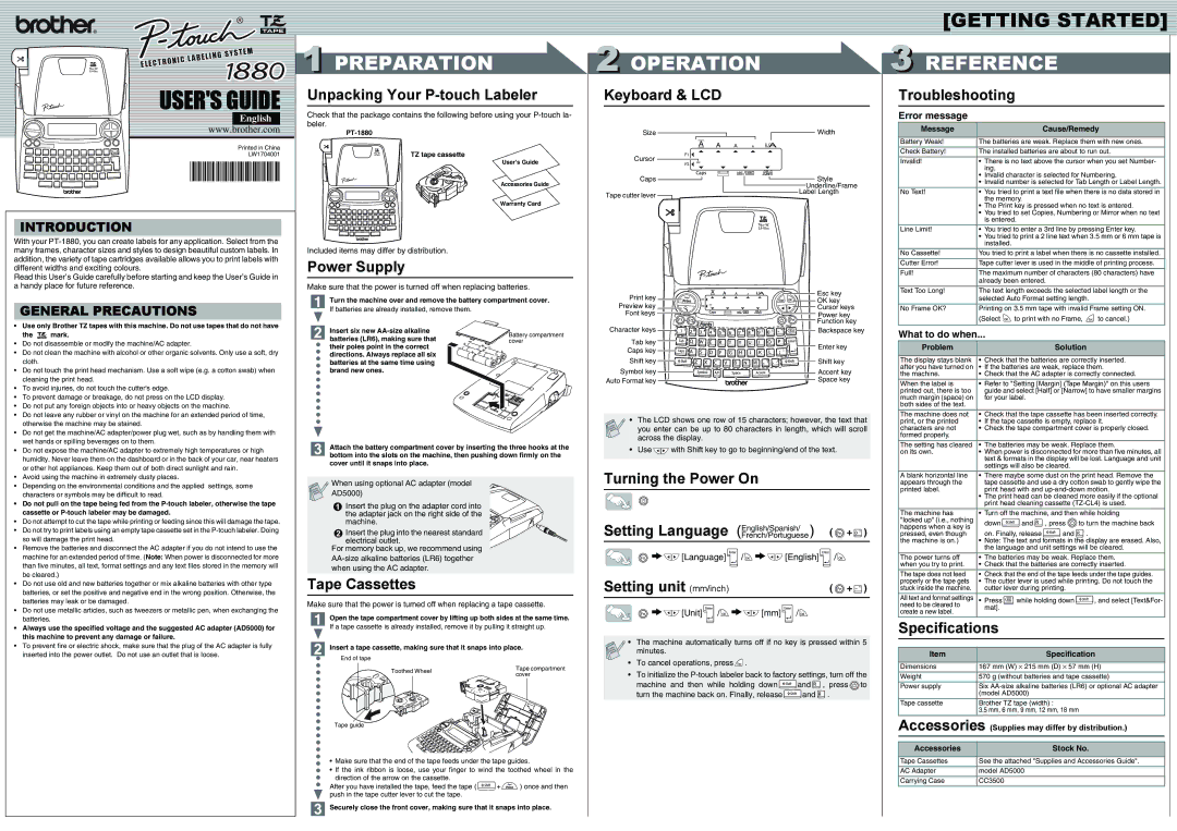 Brother 1880, LW1704001 specifications Keyboard & LCD, Troubleshooting, Power Supply, Tape Cassettes, Setting unit mm/inch 