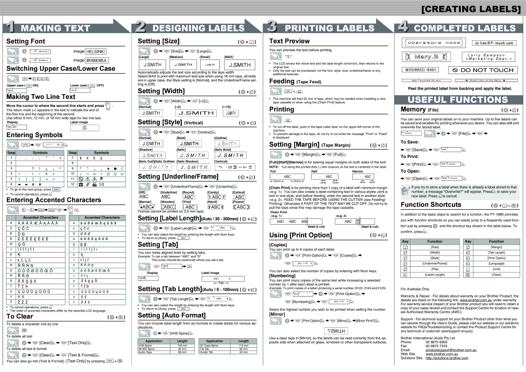 Brother LW1704001 Setting Font, Switching Upper Case/Lower Case, Making Two Line Text, Entering Symbols, Setting Size 