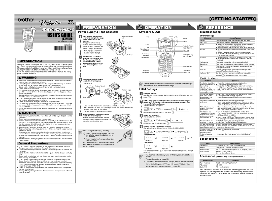 Brother LW4516001A specifications Power Supply & Tape Cassettes, Keyboard & LCD, Troubleshooting, General Precautions 