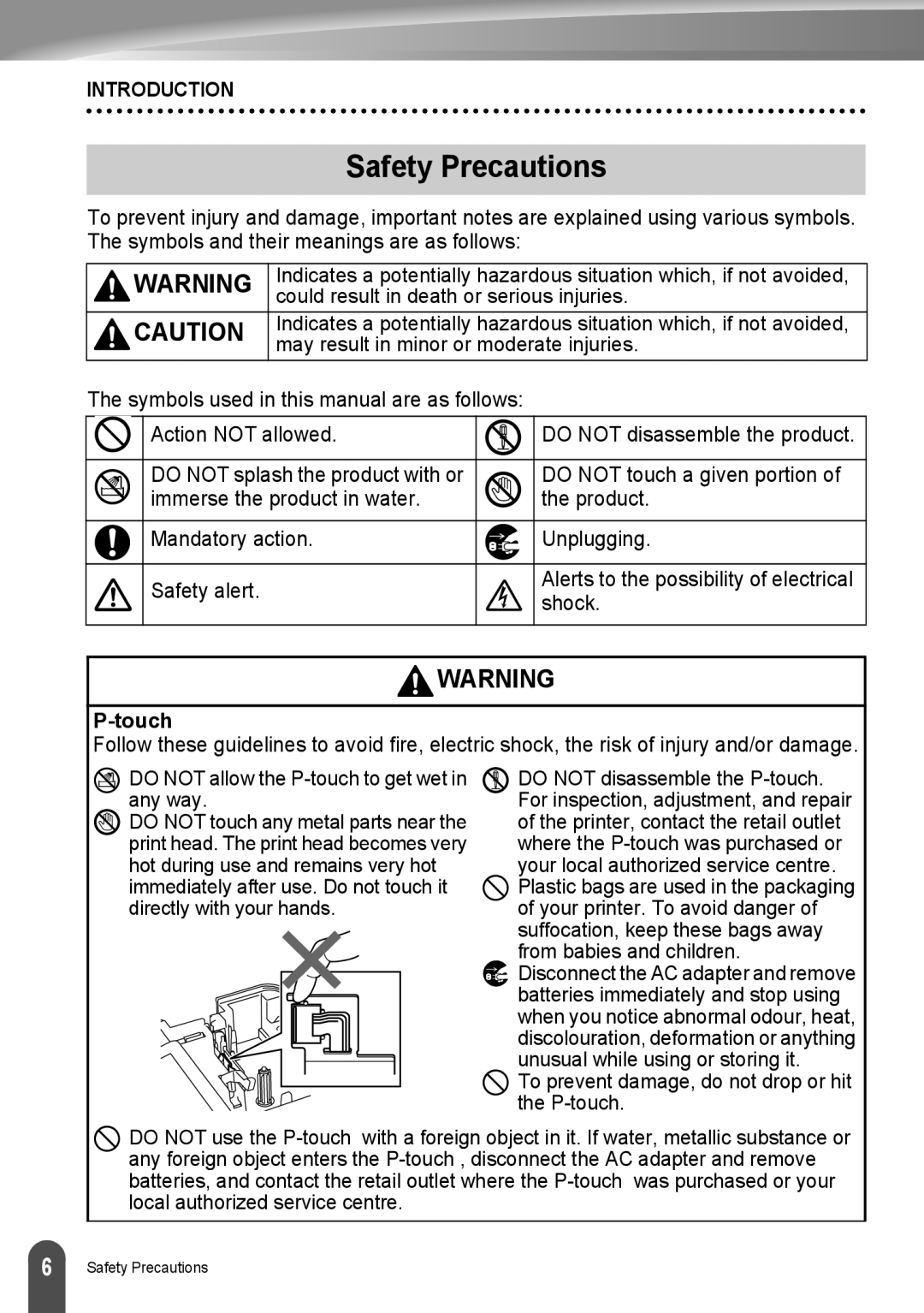 Brother LW6091001 appendix Safety Precautions, Touch 