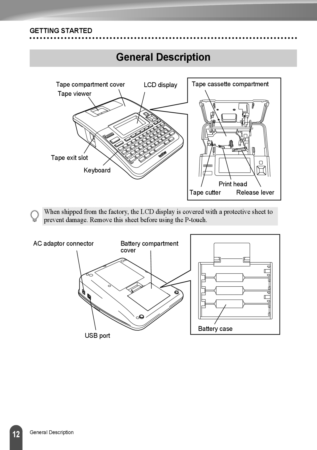 Brother LW6091001 appendix General Description, Tape viewer Tape exit slot Keyboard Print head Tape cutter 