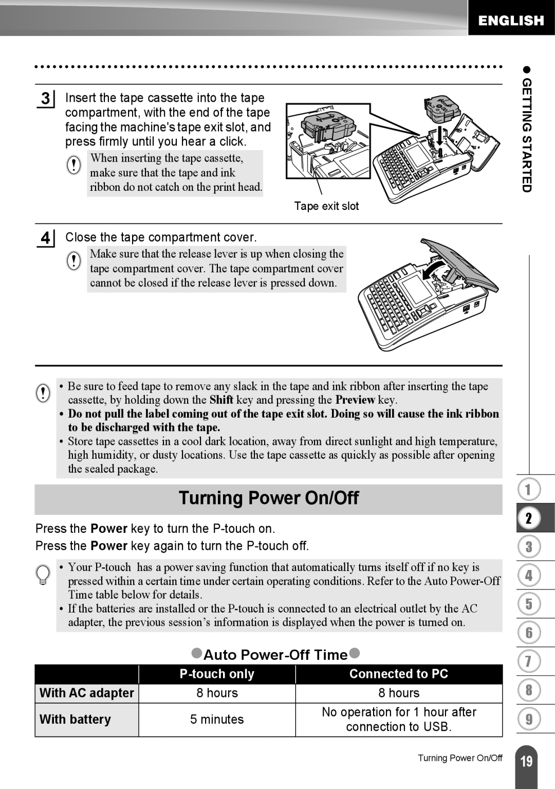 Brother LW6091001 appendix Turning Power On/Off, ZAuto Power-Off Timez, Touch only Connected to PC, With battery 