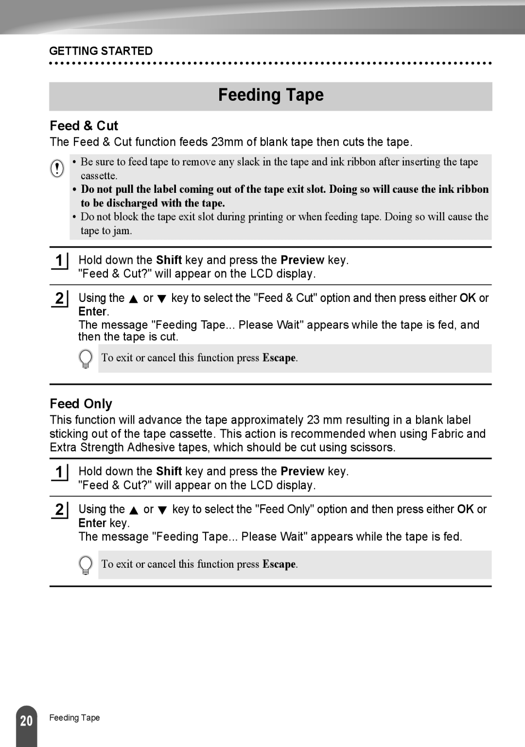 Brother LW6091001 appendix Feeding Tape, Feed & Cut, Feed Only 