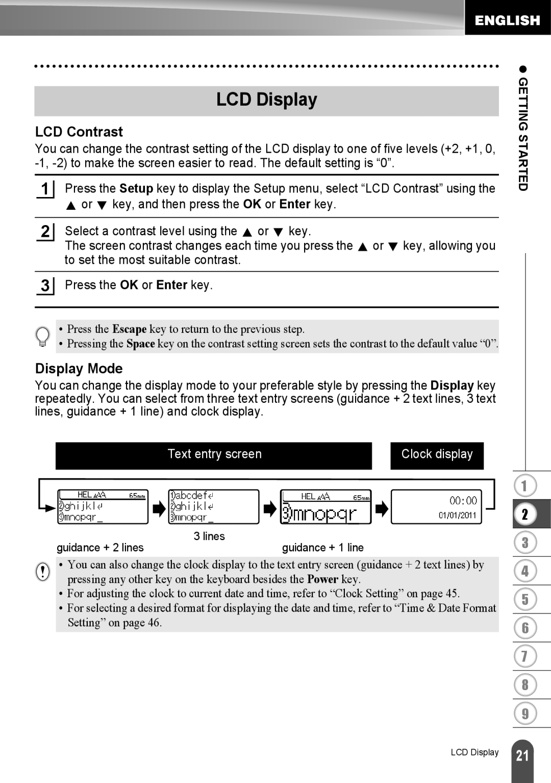 Brother LW6091001 appendix LCD Display, LCD Contrast, Display Mode 