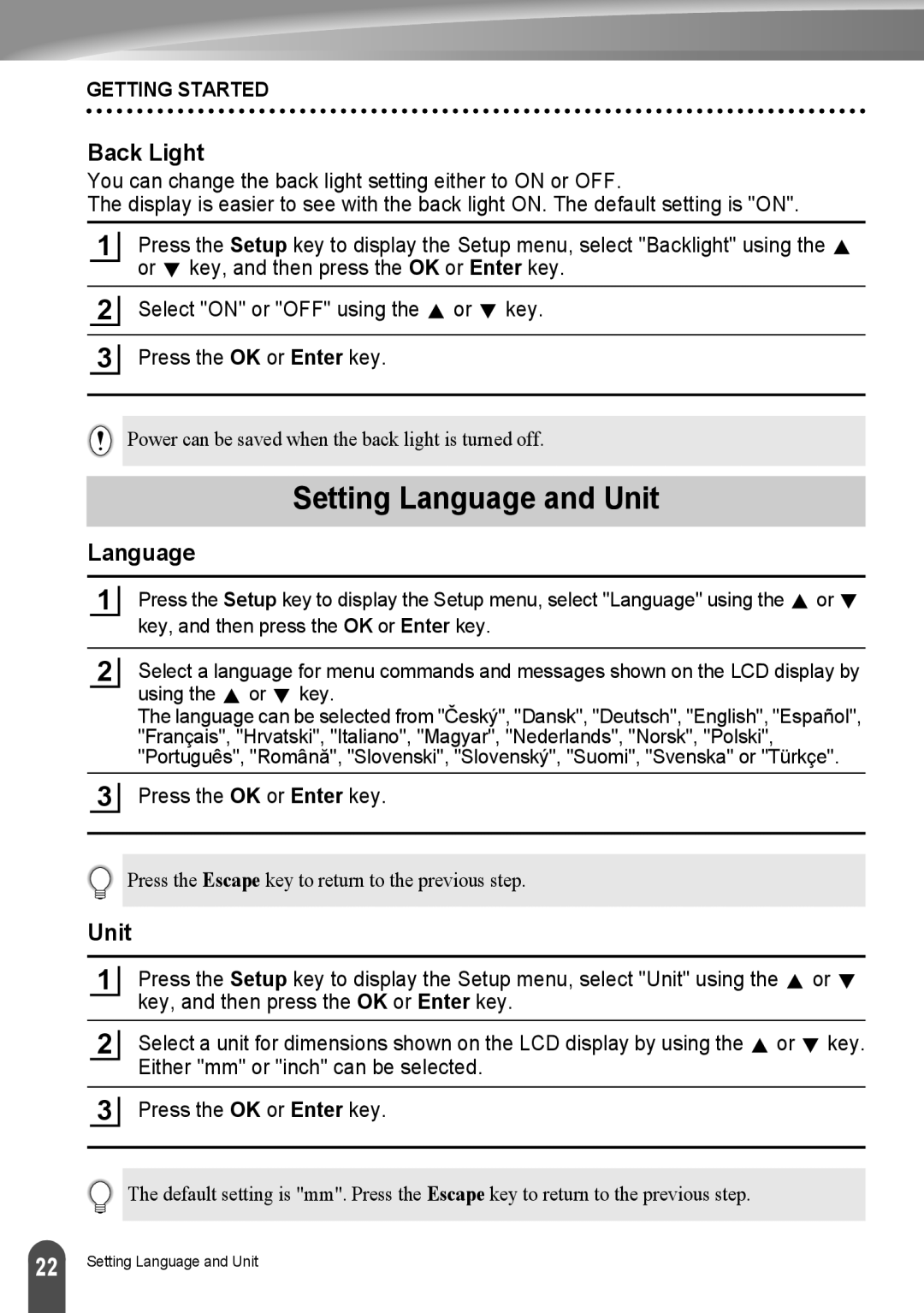 Brother LW6091001 appendix Setting Language and Unit, Back Light 