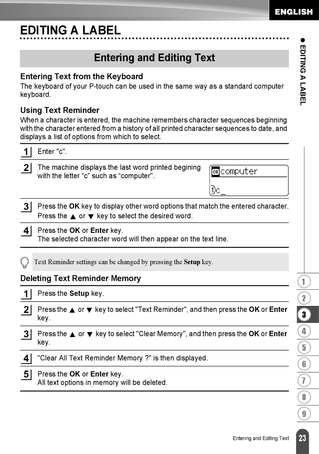 Brother LW6091001 appendix Editing a Label, Entering and Editing Text, Entering Text from the Keyboard, Using Text Reminder 