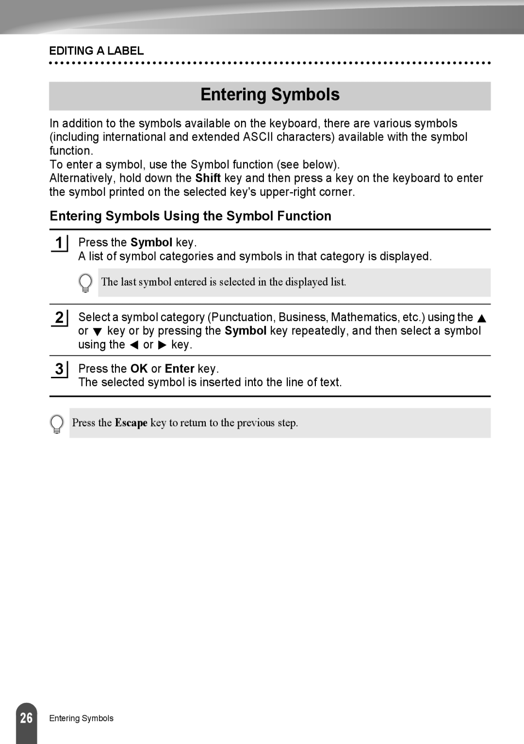 Brother LW6091001 appendix Entering Symbols Using the Symbol Function 