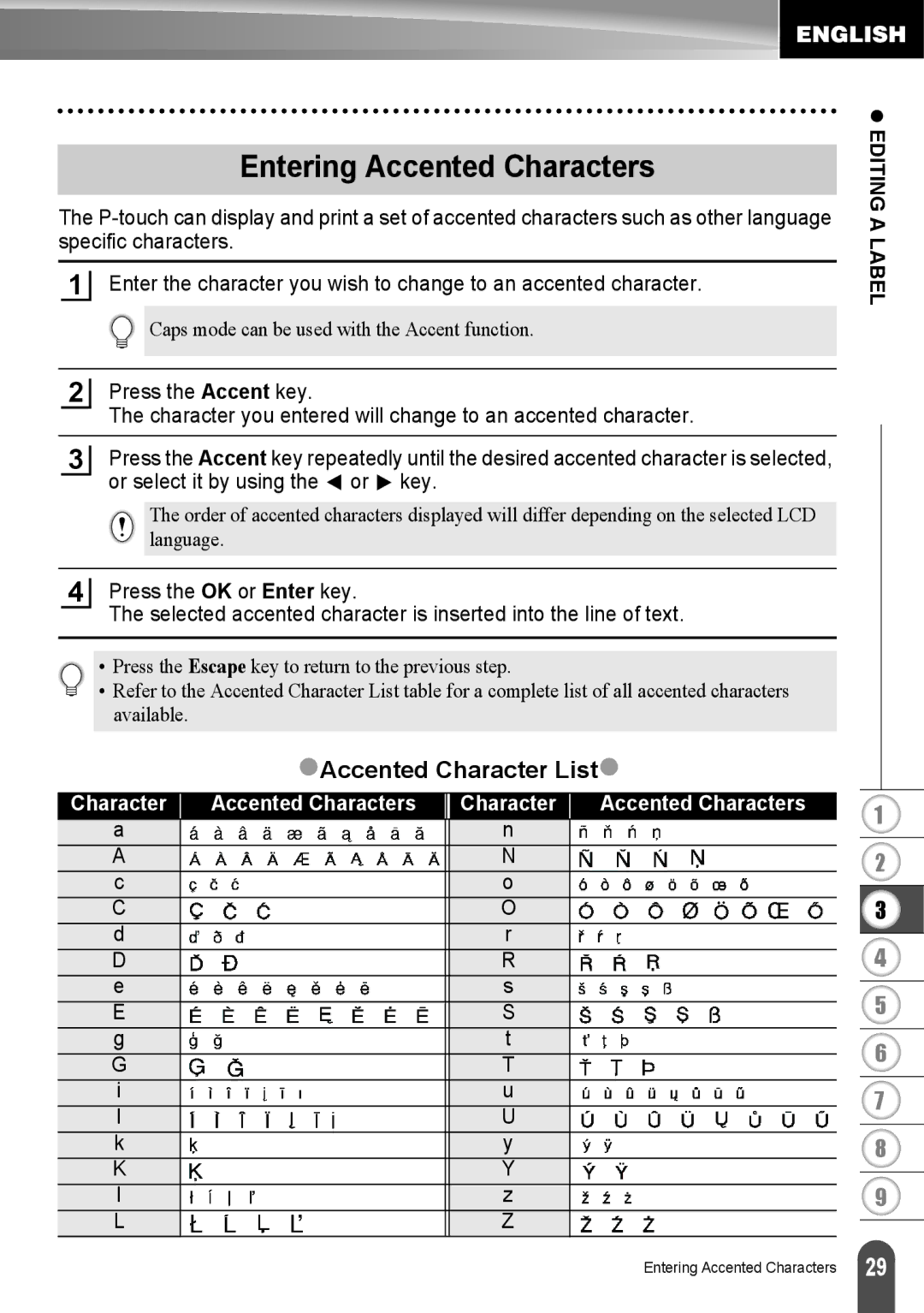 Brother LW6091001 appendix Entering Accented Characters, ZAccented Character Listz 