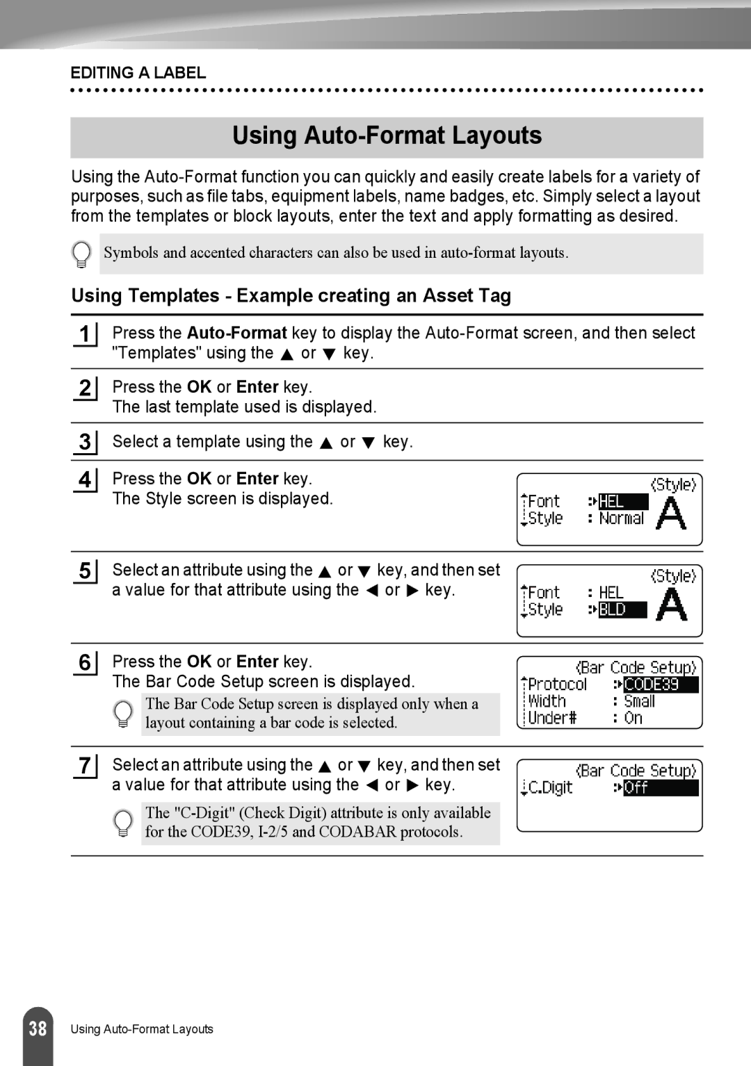 Brother LW6091001 appendix Using Auto-Format Layouts, Using Templates Example creating an Asset Tag 