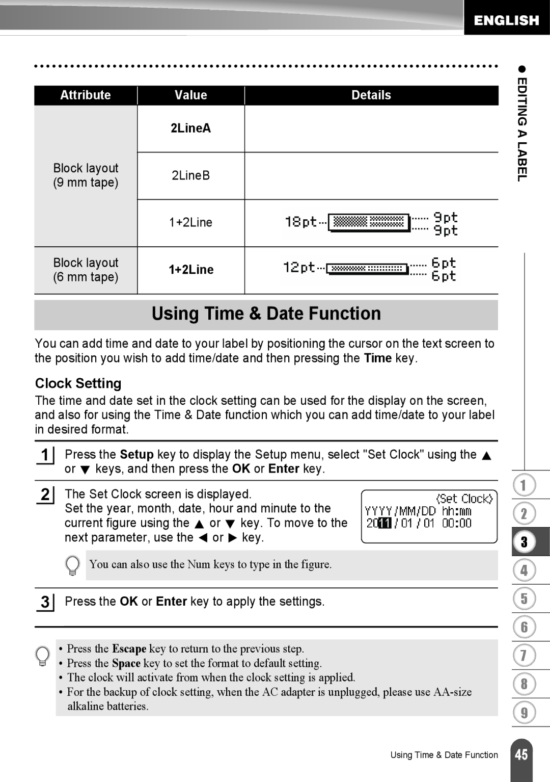 Brother LW6091001 appendix Using Time & Date Function, Clock Setting 