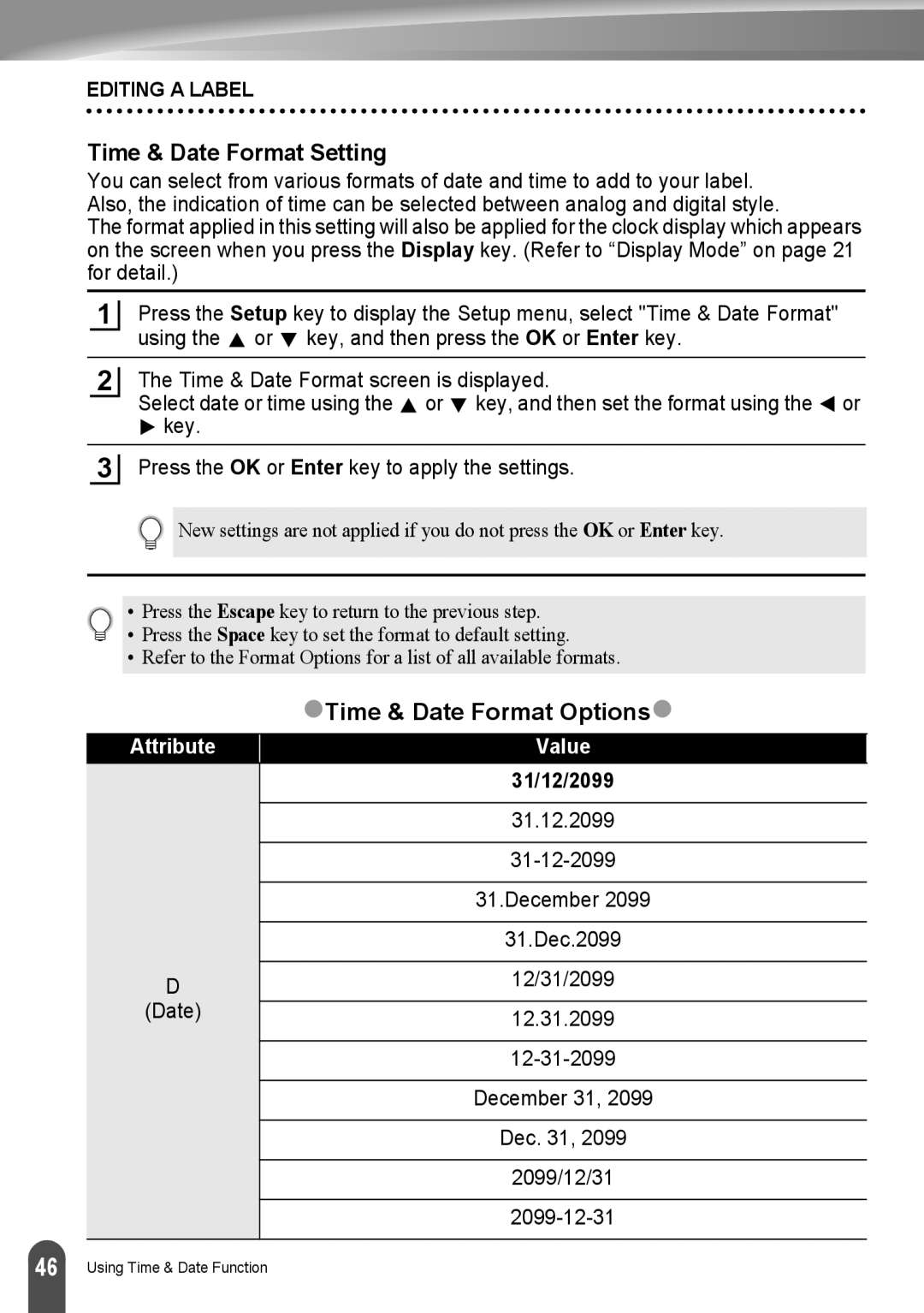 Brother LW6091001 appendix Time & Date Format Setting, ZTime & Date Format Optionsz, Attribute, 31/12/2099 