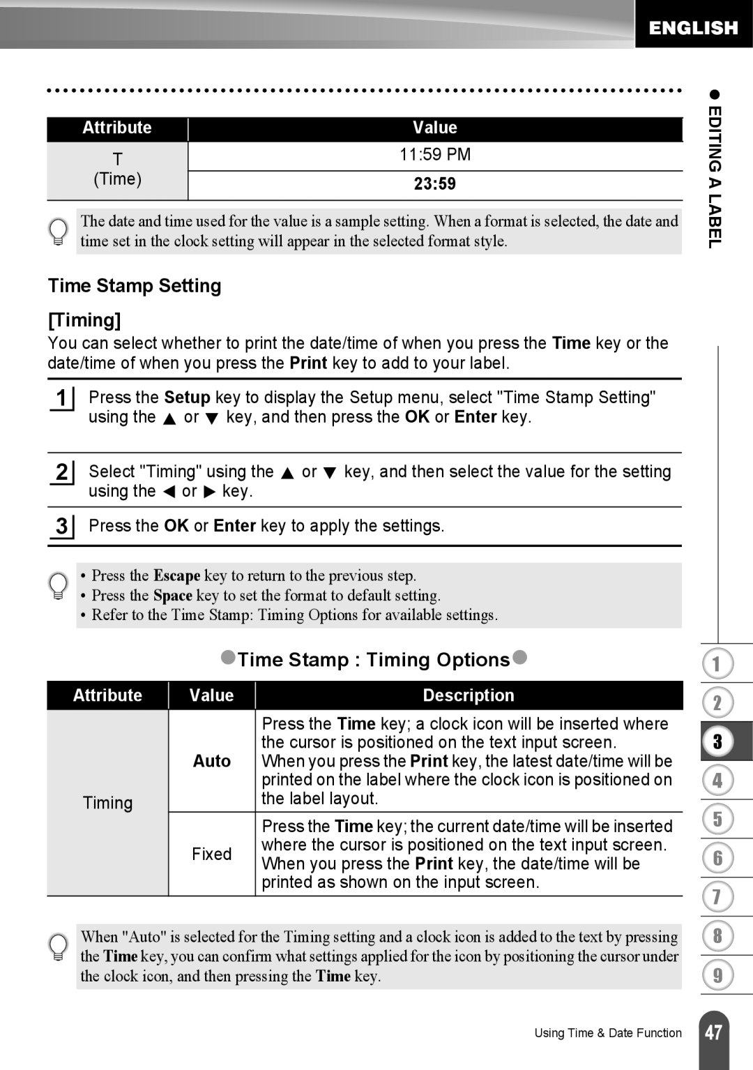 Brother LW6091001 appendix Time Stamp Setting Timing, ZTime Stamp Timing Optionsz, 2359, Attribute Value Description 