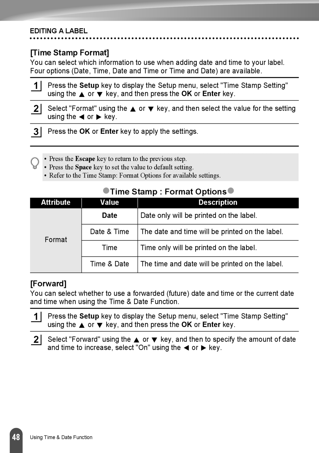 Brother LW6091001 appendix ZTime Stamp Format Optionsz, Forward 