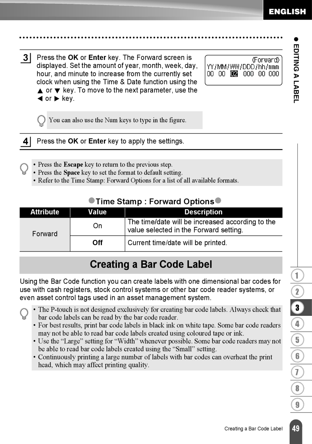 Brother LW6091001 appendix Creating a Bar Code Label, ZTime Stamp Forward Optionsz 