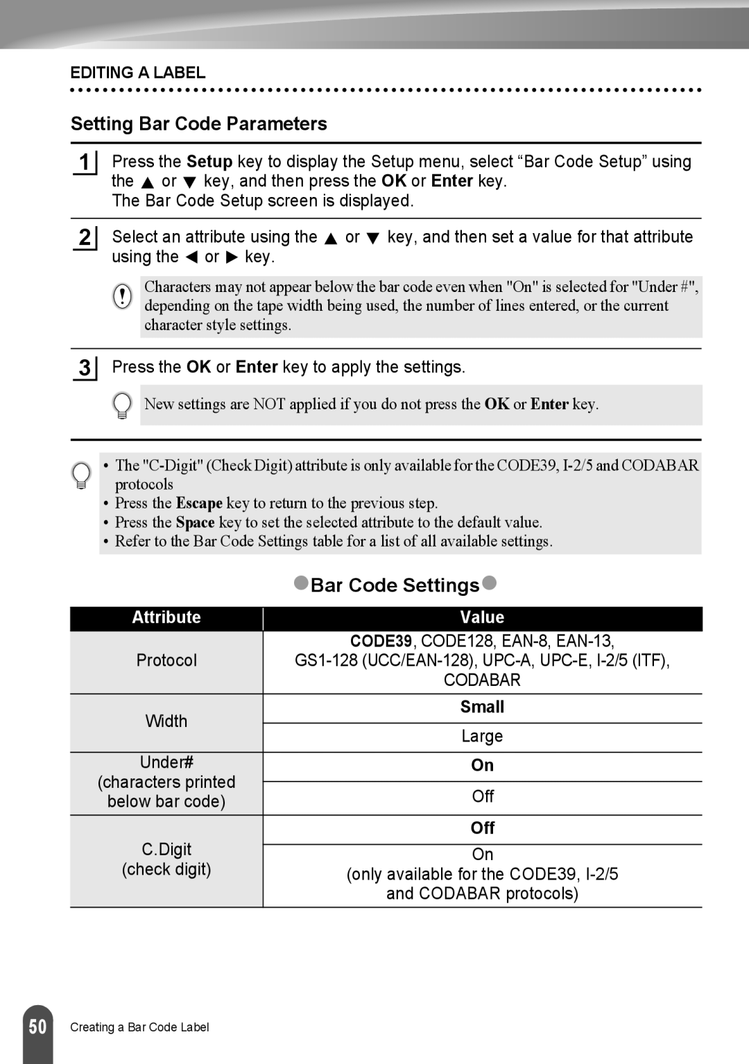 Brother LW6091001 appendix Setting Bar Code Parameters, ZBar Code Settingsz 