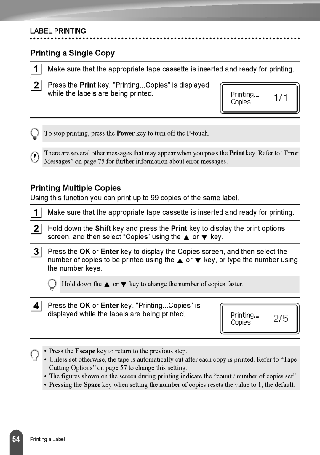 Brother LW6091001 appendix Printing a Single Copy, Printing Multiple Copies 