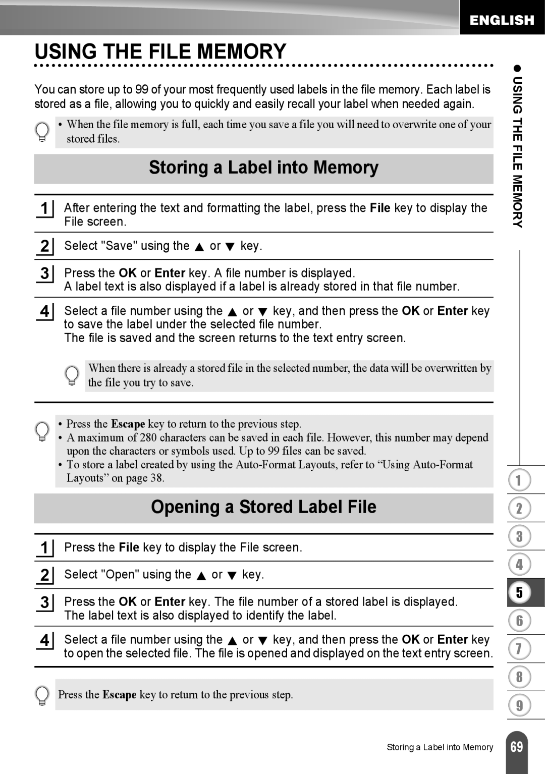 Brother LW6091001 appendix Using the File Memory, Storing a Label into Memory, Opening a Stored Label File 