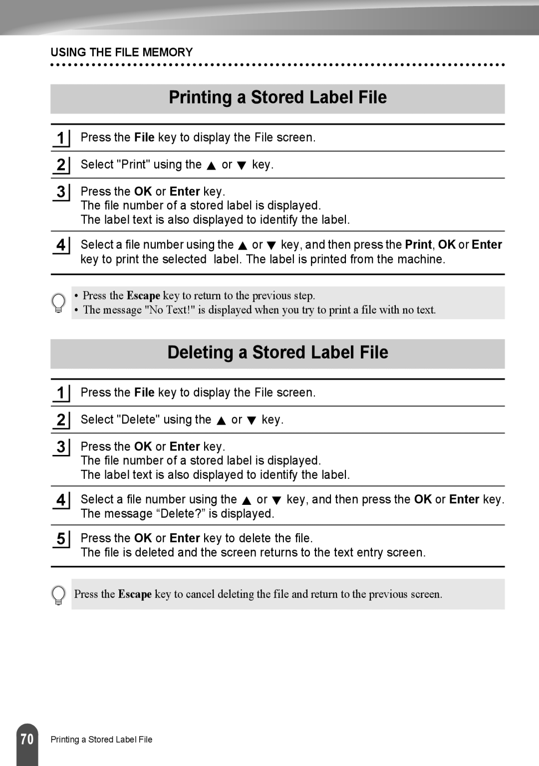 Brother LW6091001 appendix Printing a Stored Label File, Deleting a Stored Label File 