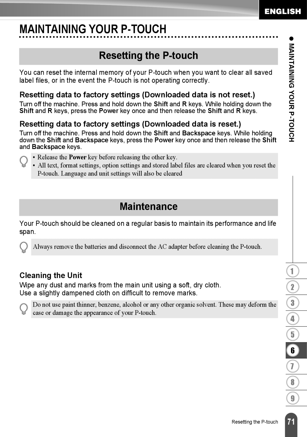 Brother LW6091001 appendix Maintaining Your P-TOUCH, Resetting the P-touch, Maintenance, Cleaning the Unit 